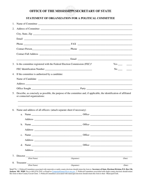 Statement of Organization for a Political Committee - Mississippi Download Pdf