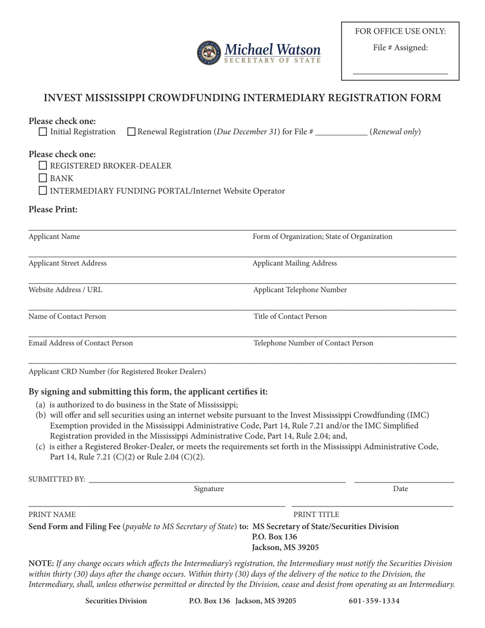 Invest Mississippi Crowdfunding Intermediary Registration Form - Mississippi, Page 1