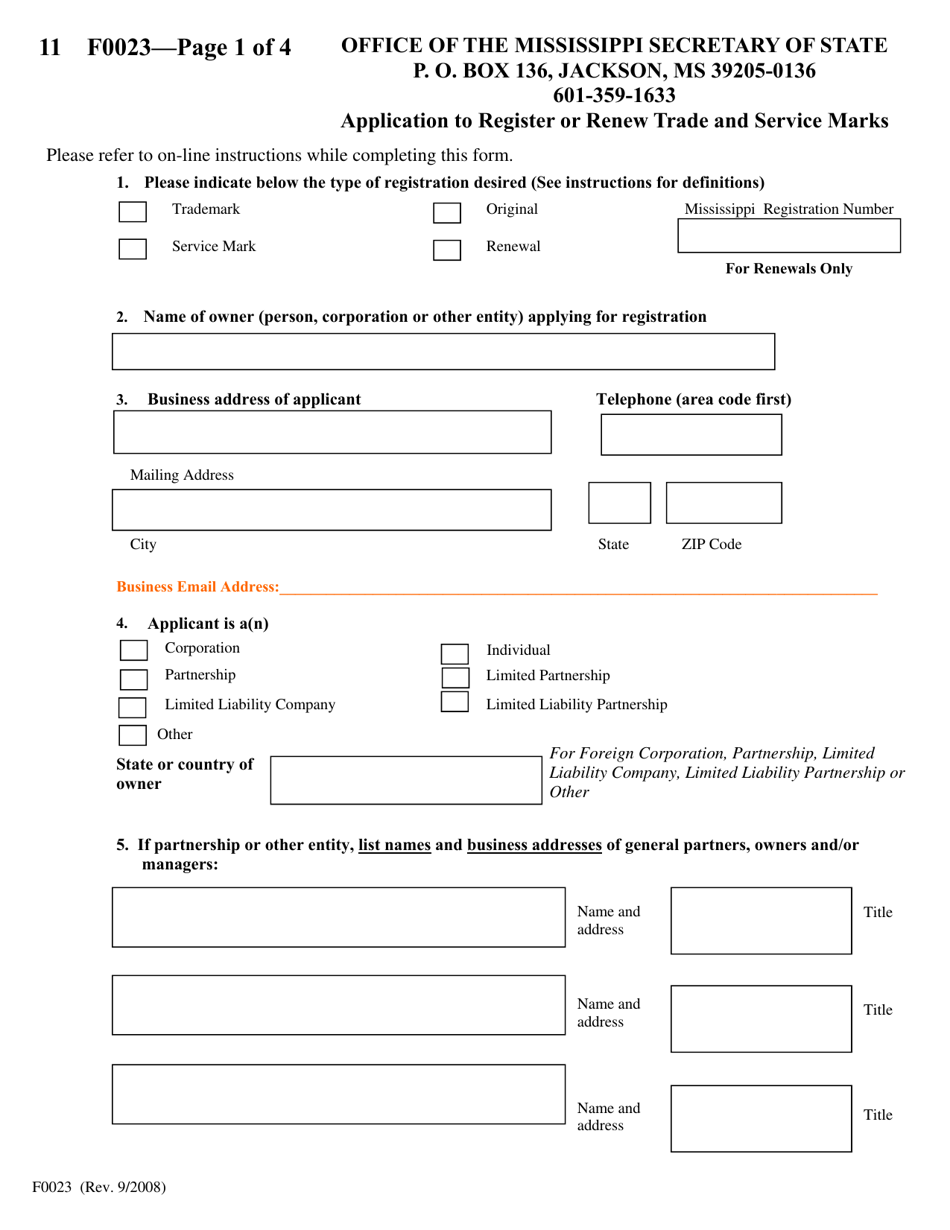 Form F0023 Application to Register or Renew Trade and Service Marks - Mississippi, Page 1