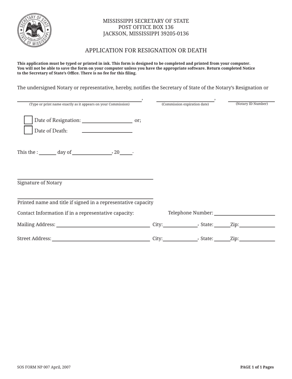 SOS Form NP007 Application for Resignation or Death - Mississippi, Page 1
