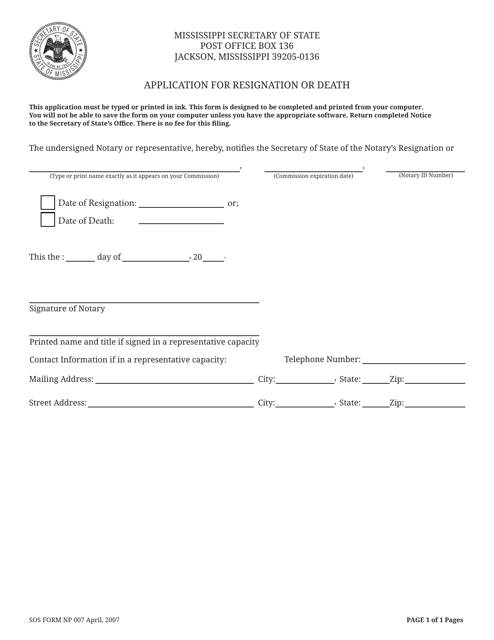 SOS Form NP007 Application for Resignation or Death - Mississippi