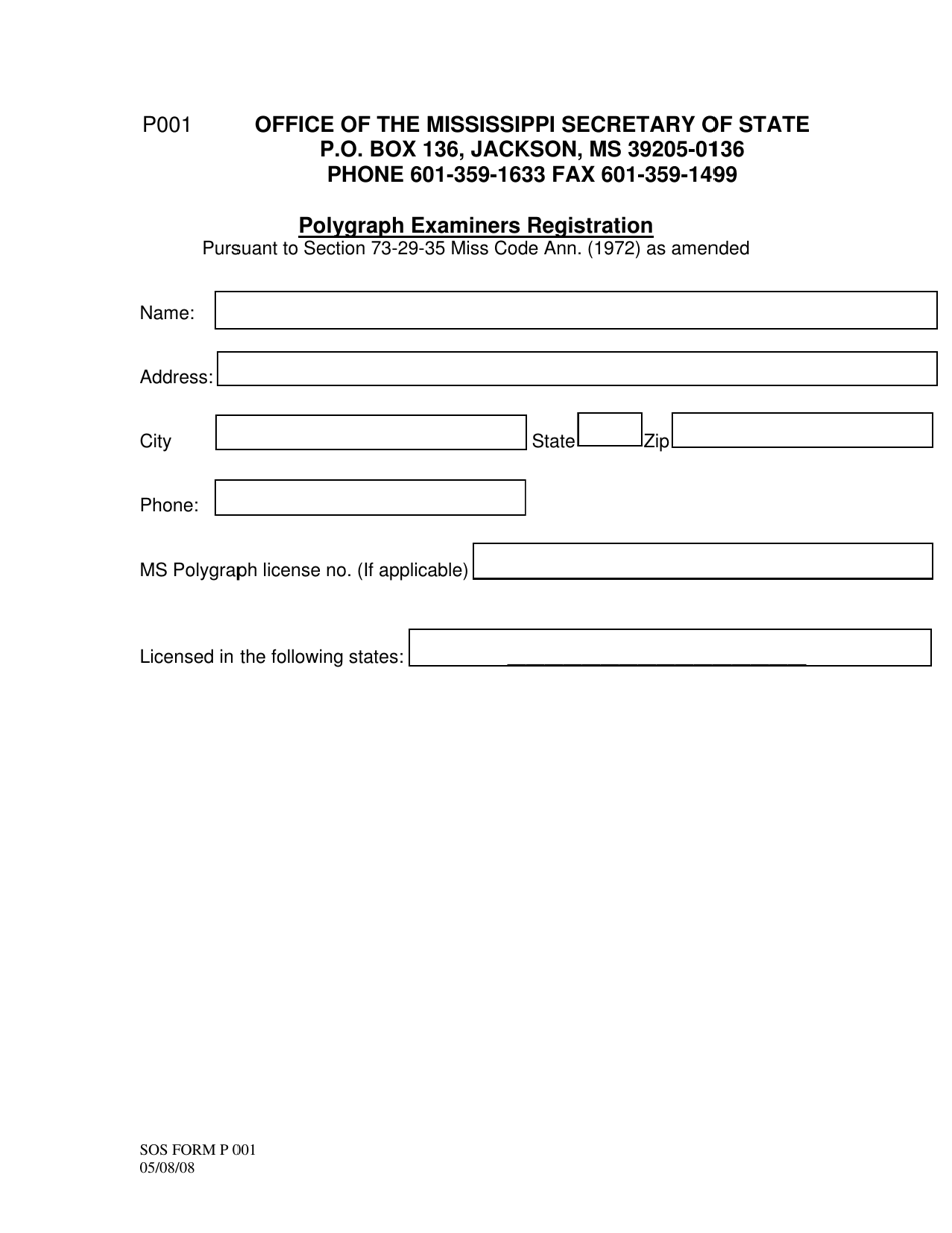 SOS Form P001 Polygraph Examiners Registration - Mississippi, Page 1