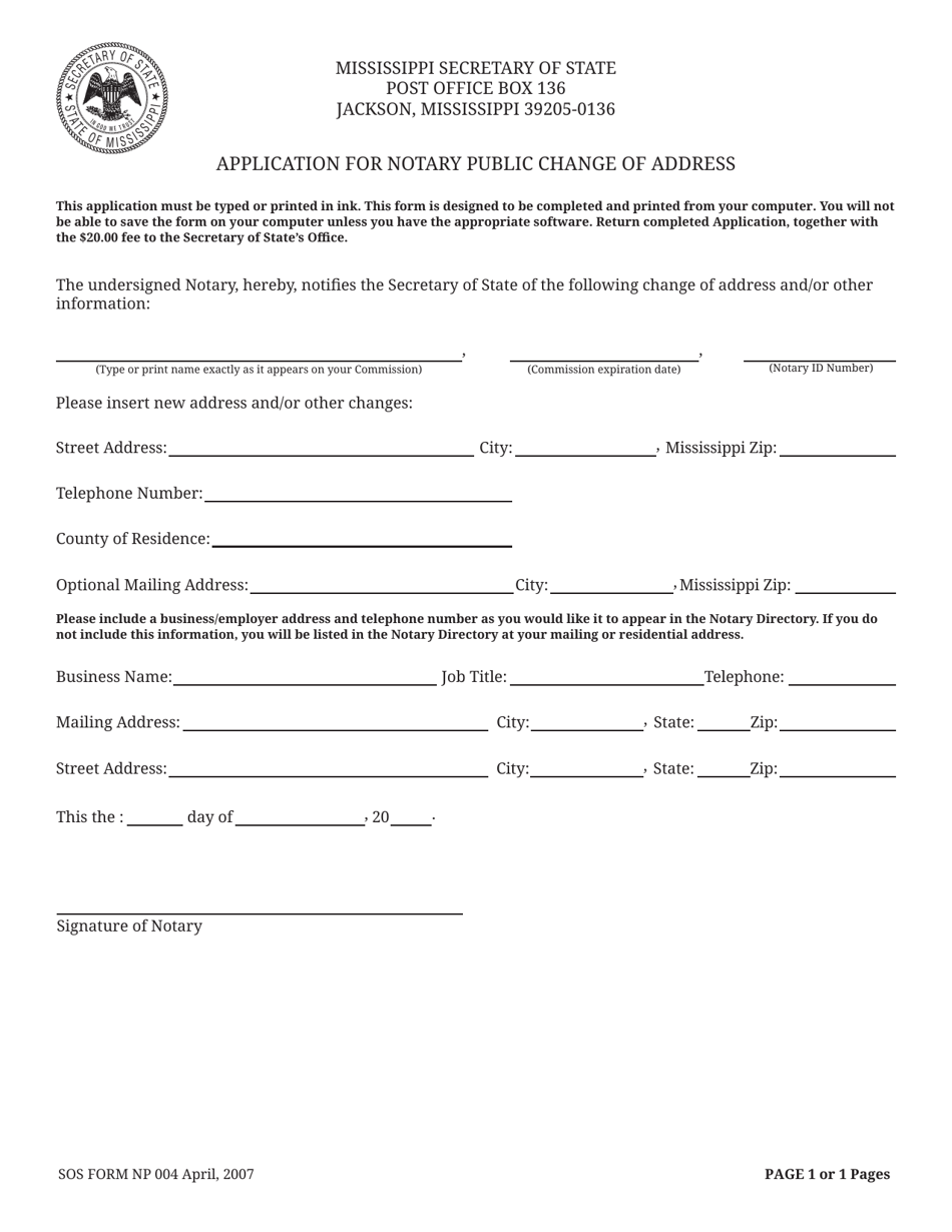 SOS Form NP004 Application for Notary Public Change of Address - Mississippi, Page 1