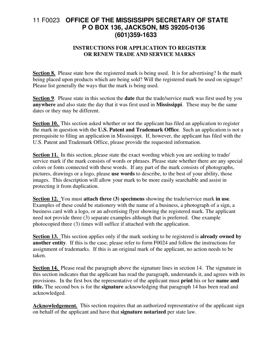 Instructions for Form F0023 Application to Register or Renew Trade and Service Marks - Mississippi, Page 2