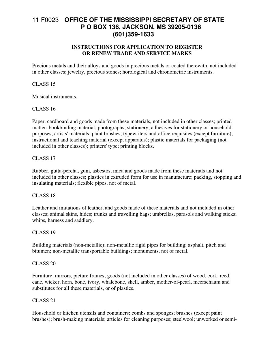 Instructions for Form F0023 Application to Register or Renew Trade and Service Marks - Mississippi, Page 5