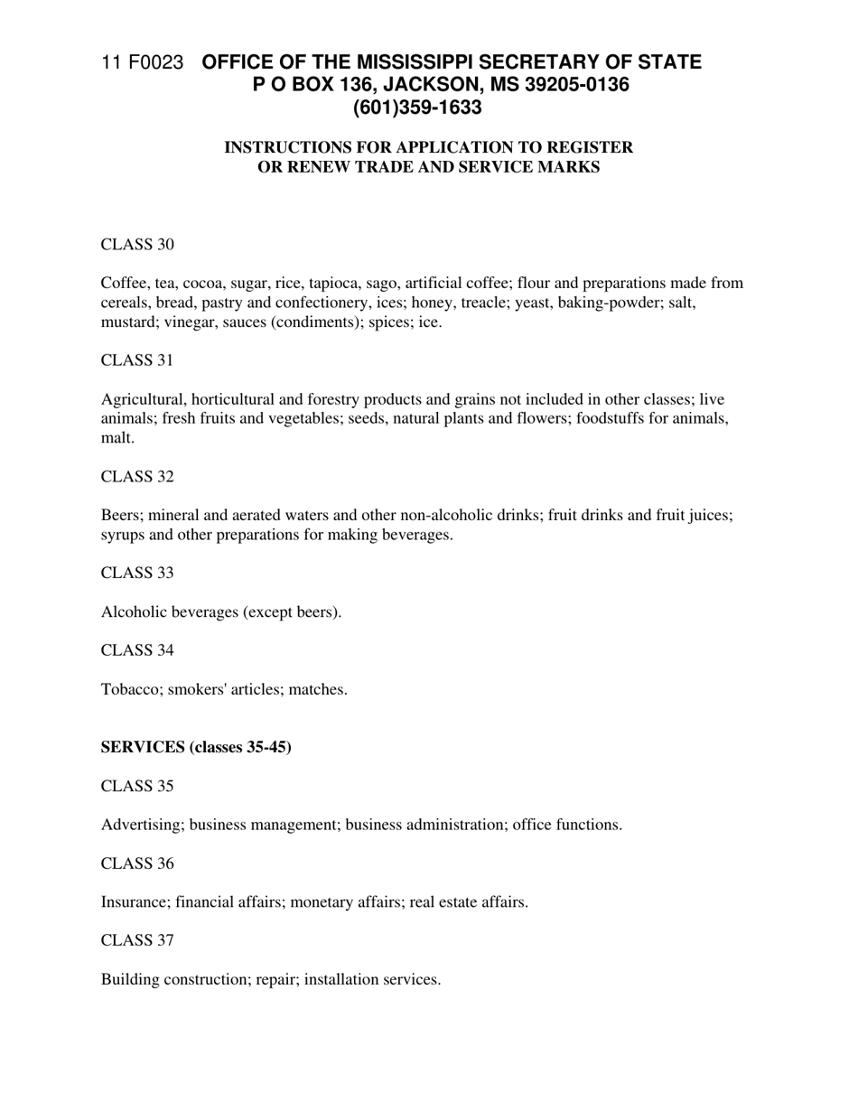 Instructions for Form F0023 Application to Register or Renew Trade and Service Marks - Mississippi, Page 7