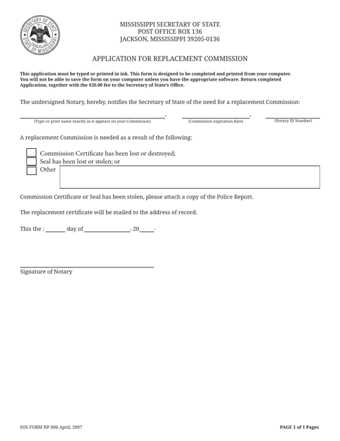SOS Form NP006 Application for Replacement Commission - Mississippi