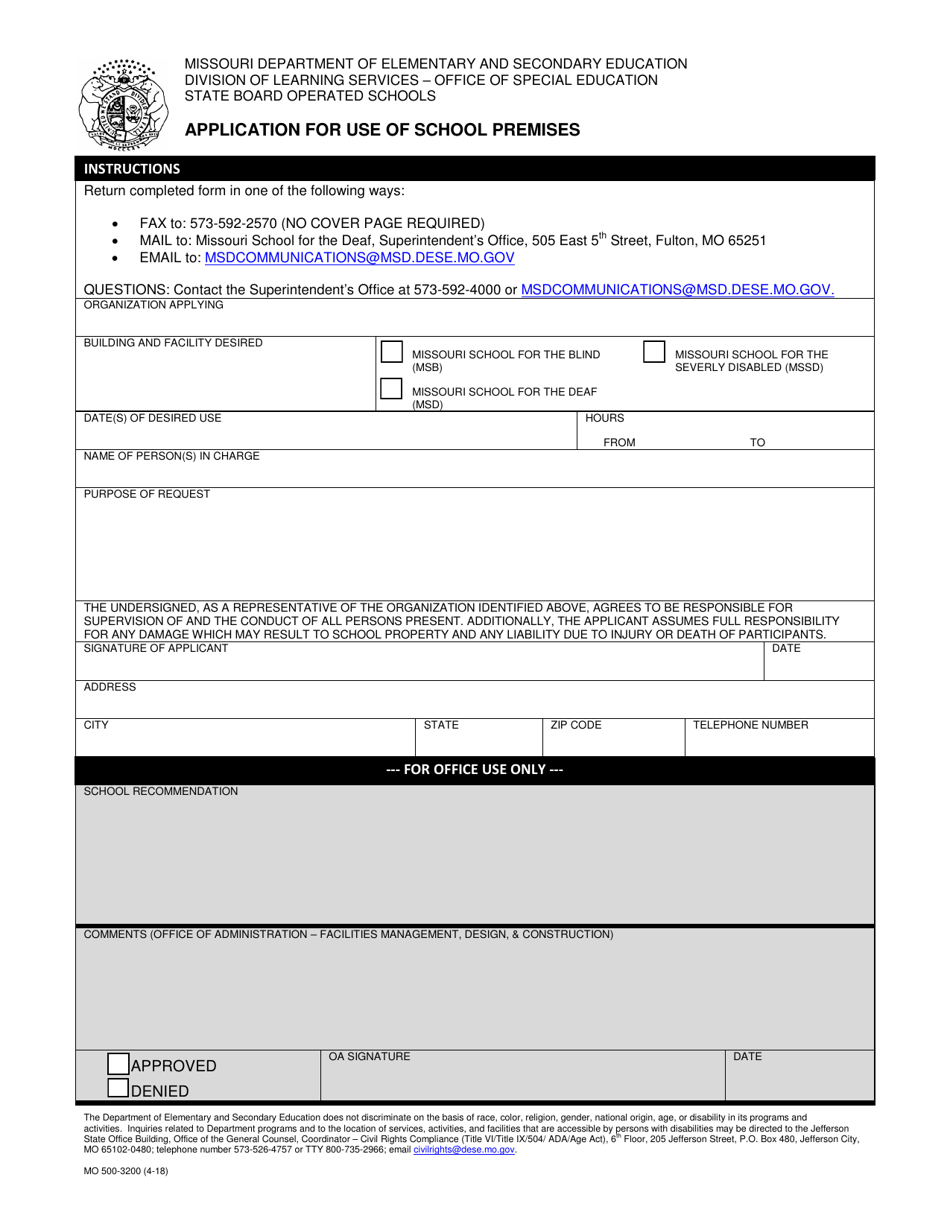 Form MO500-3200 Application for Use of School Premises - Missouri, Page 1