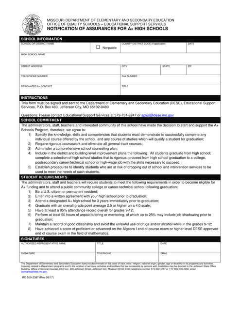 Form MO500-2387 Notification of Assurances for a+ High Schools - Missouri