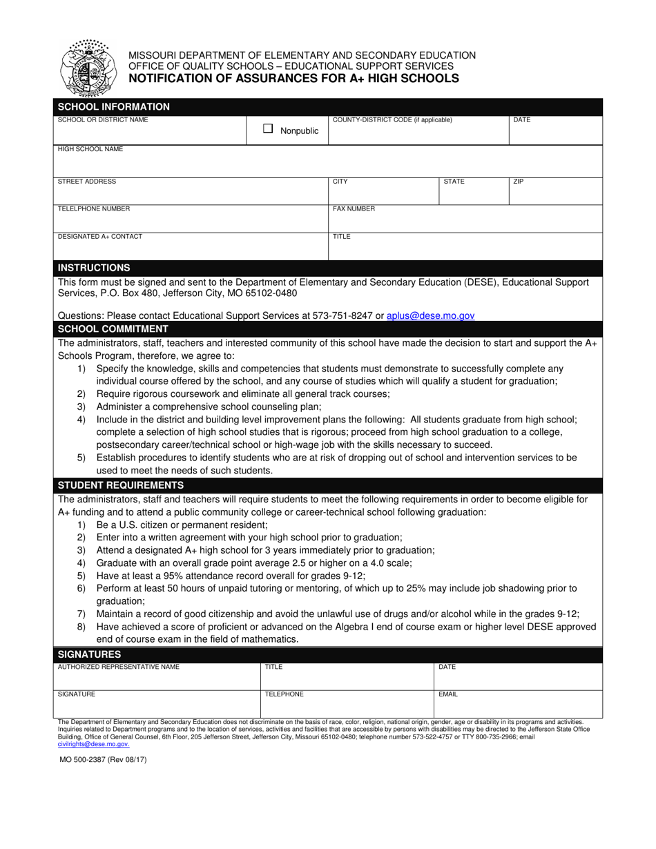 Form MO500-2387 Notification of Assurances for a+ High Schools - Missouri, Page 1