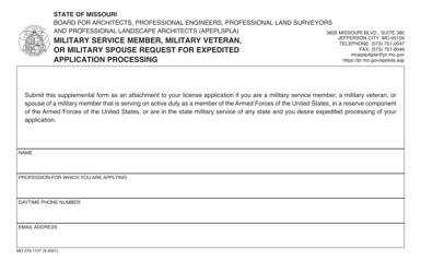 Form MO375-1107 &quot;Military Service Member, Military Veteran, or Military Spouse Request for Expedited Application Proceeding&quot; - Missouri
