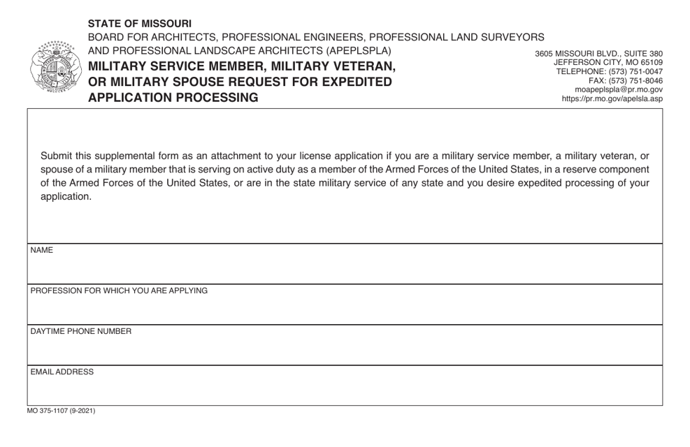 Form MO375-1107 Military Service Member, Military Veteran, or Military Spouse Request for Expedited Application Proceeding - Missouri