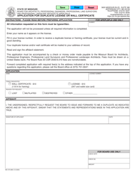 Form MO375-0854 &quot;Application for Duplicate License or Wall Certificate&quot; - Missouri