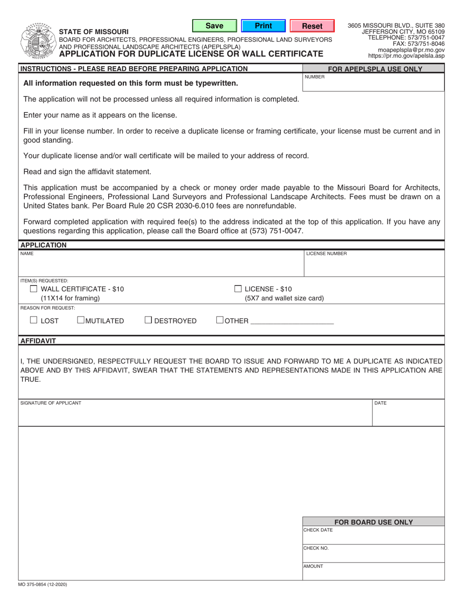 Form MO375-0854 Application for Duplicate License or Wall Certificate - Missouri, Page 1