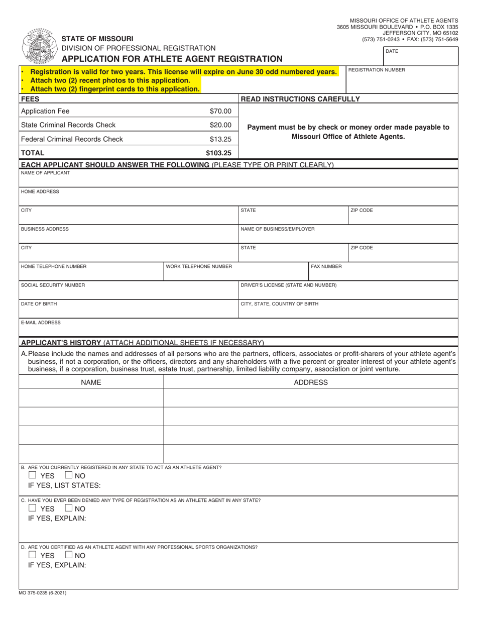 Form MO375-0235 Application for Athlete Agent Registration - Missouri, Page 1