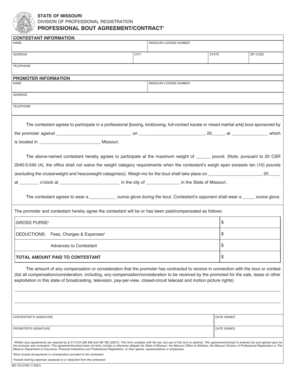 Form MO375-0765 Professional Bout Agreement / Contract - Missouri, Page 1