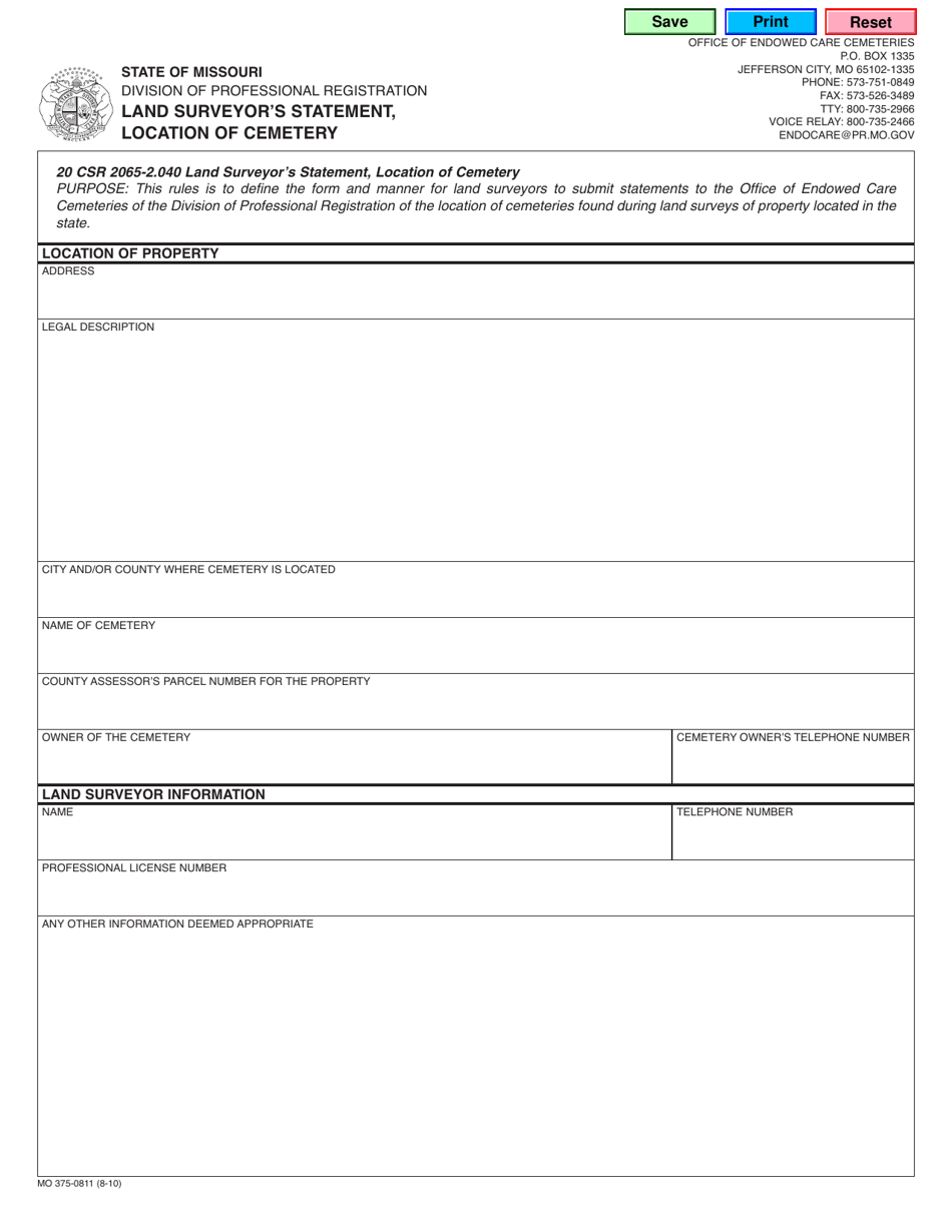 Form MO375-0811 Land Surveyors Statement, Location of Cemetery - Missouri, Page 1