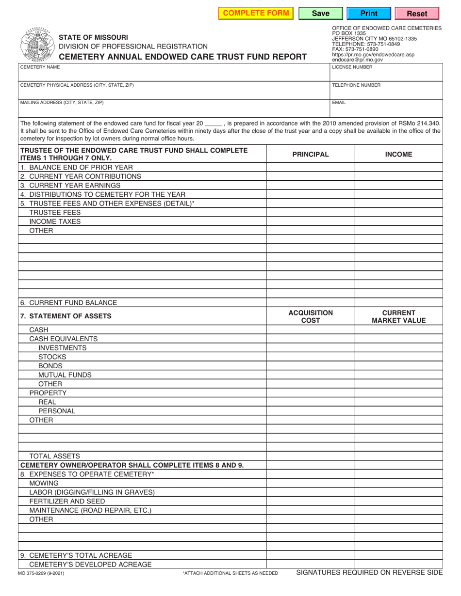 Form MO3750269 Download Fillable PDF or Fill Online Cemetery Annual