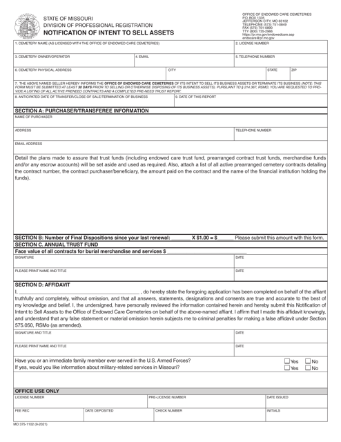 Form MO375-1102 Notification of Intent to Sell Assets - Missouri