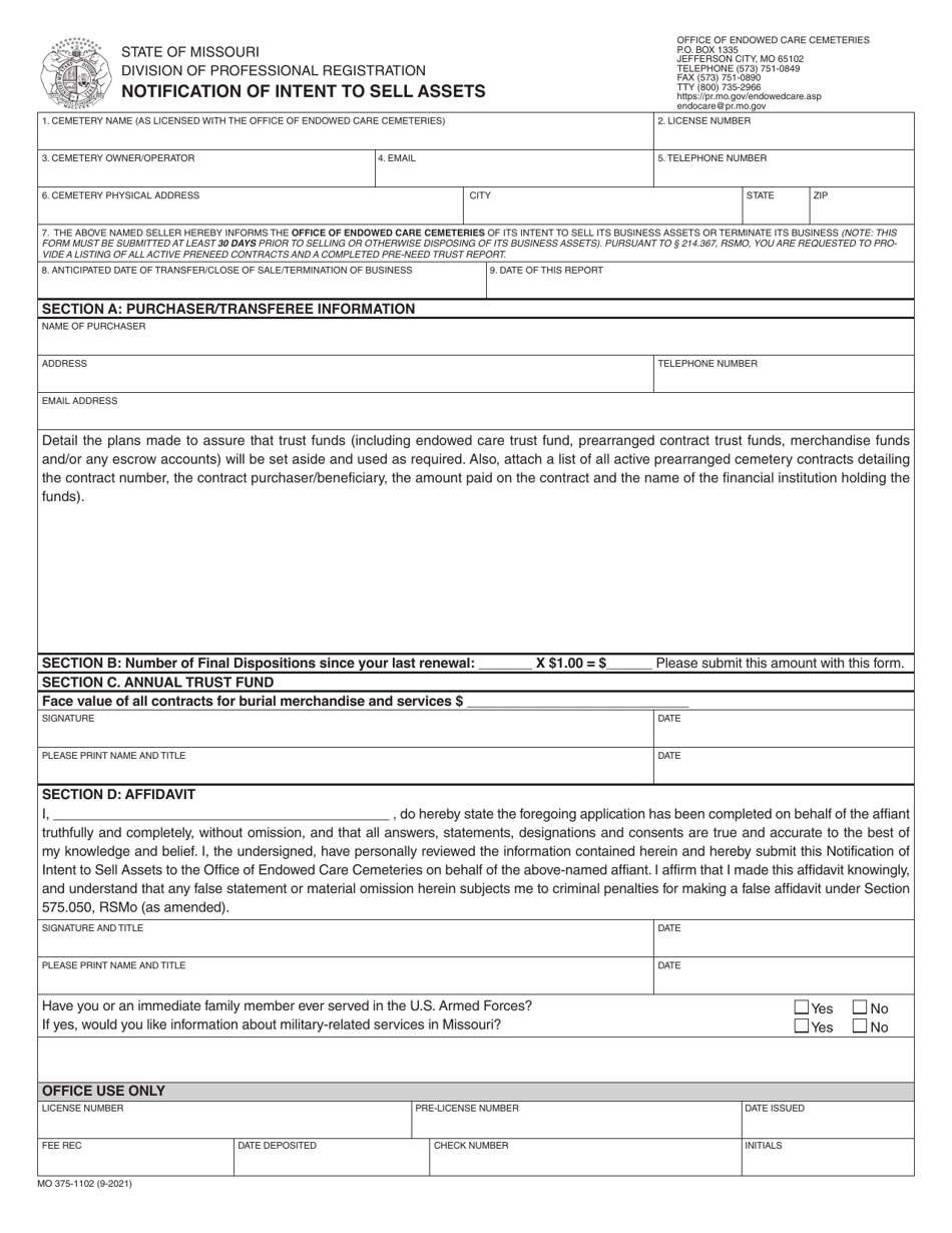 Form MO375-1102 Notification of Intent to Sell Assets - Missouri, Page 1