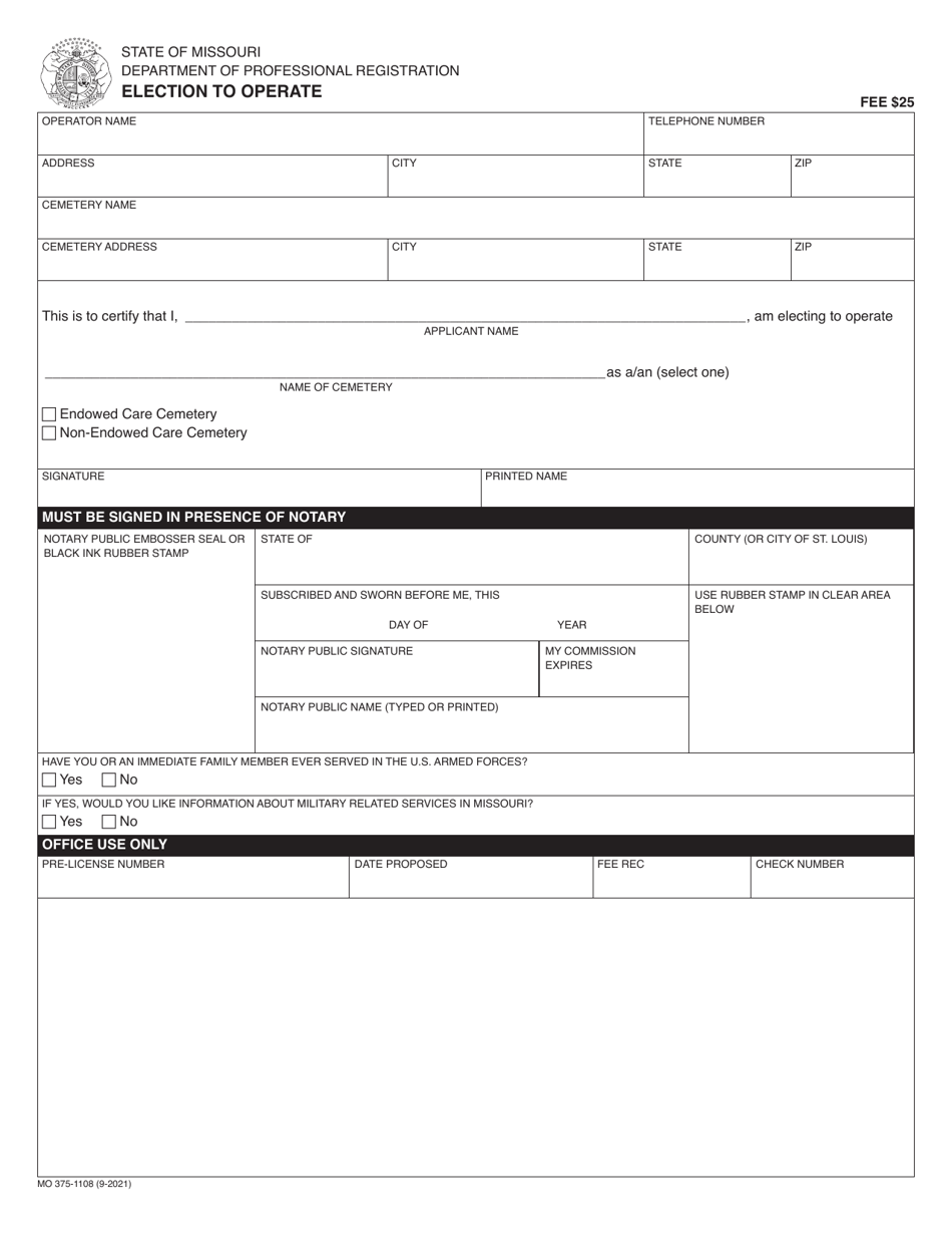 Form MO375-1108 Election to Operate - Missouri, Page 1