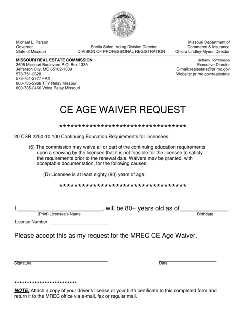 Ce Age Waiver Request - Missouri