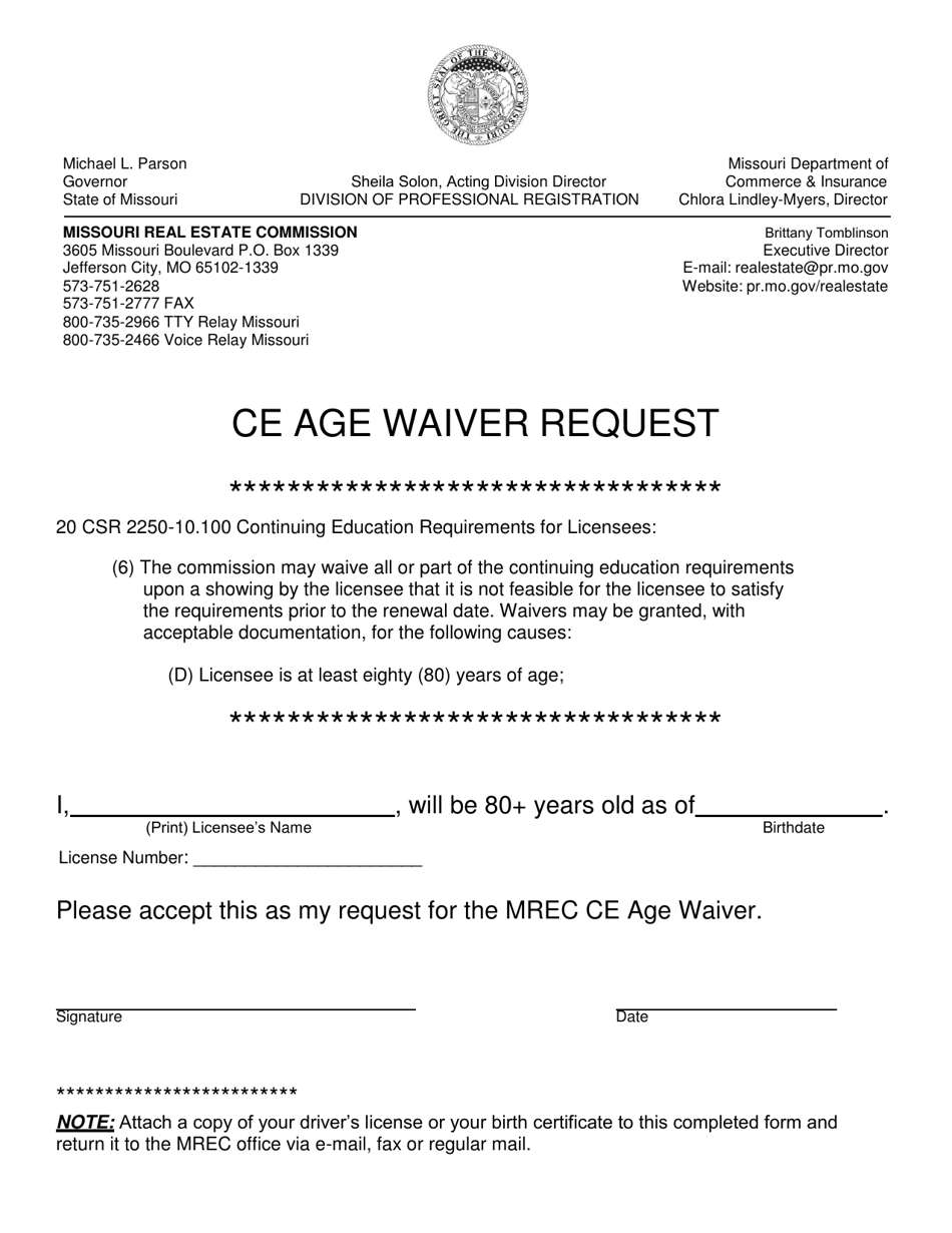 Ce Age Waiver Request - Missouri, Page 1