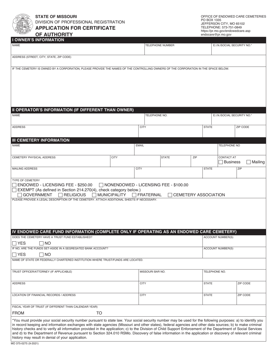 Form MO375-0275 Application for Certificate of Authority - Missouri, Page 1
