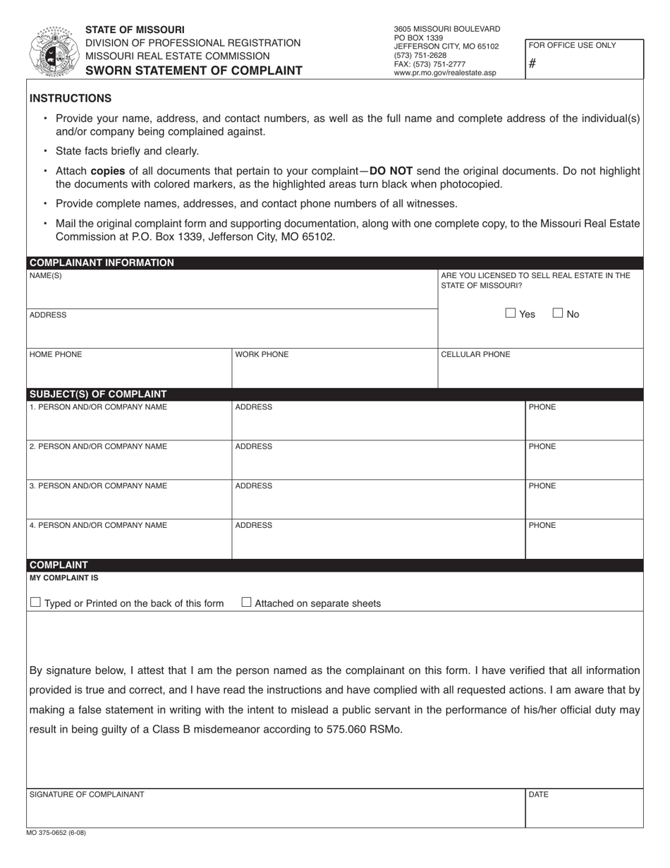 Form MO375-0652 Sworn Statement of Complaint - Missouri, Page 5
