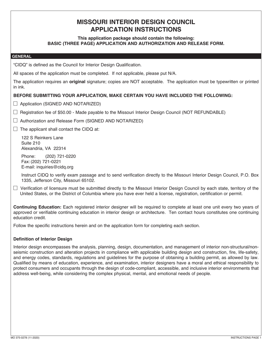 Form MO375-0278 Application for Registration of Interior Designers - Missouri, Page 1