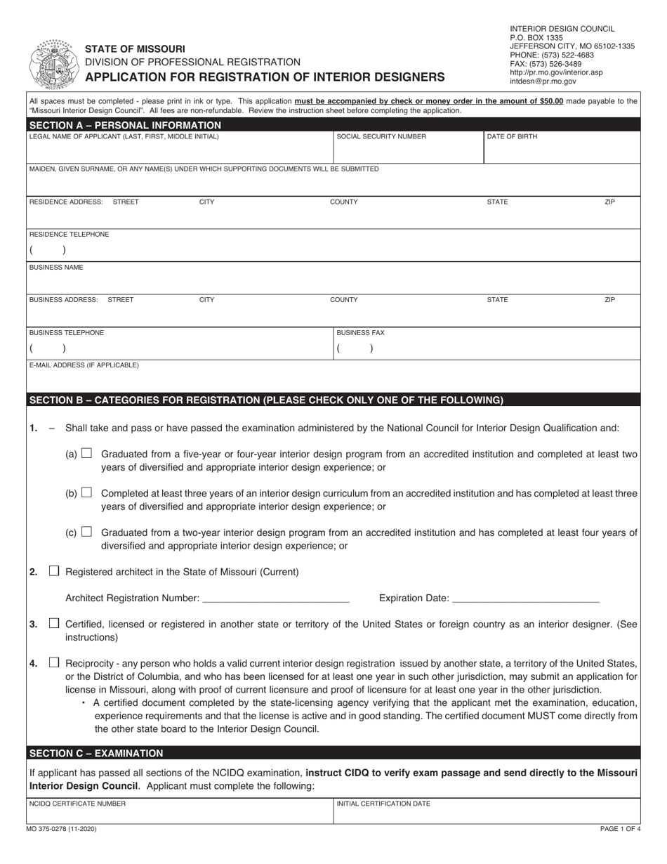 Form MO375-0278 Application for Registration of Interior Designers - Missouri, Page 2