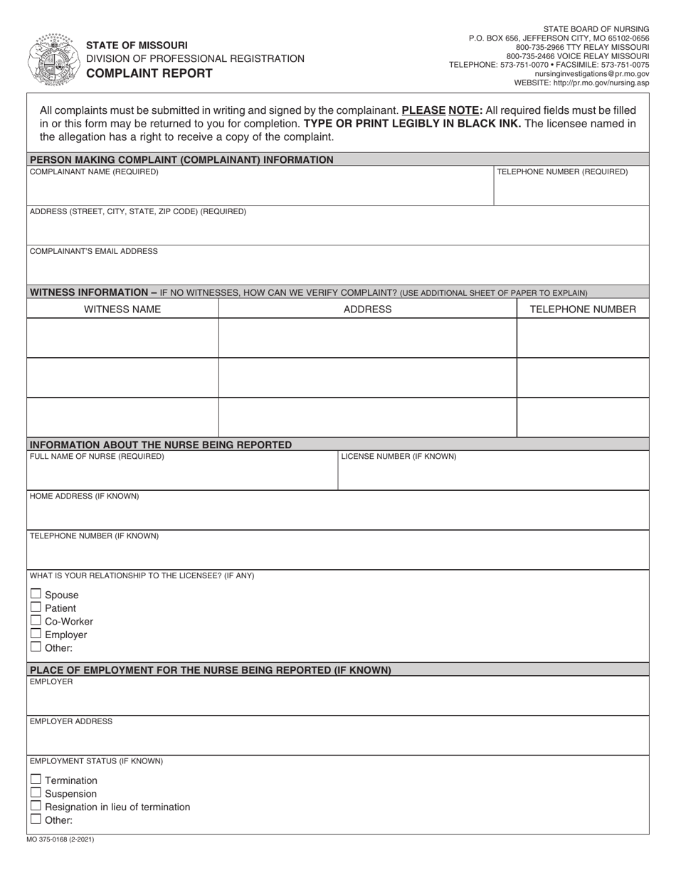 Form MO375-0168 Complaint Report - Missouri, Page 1