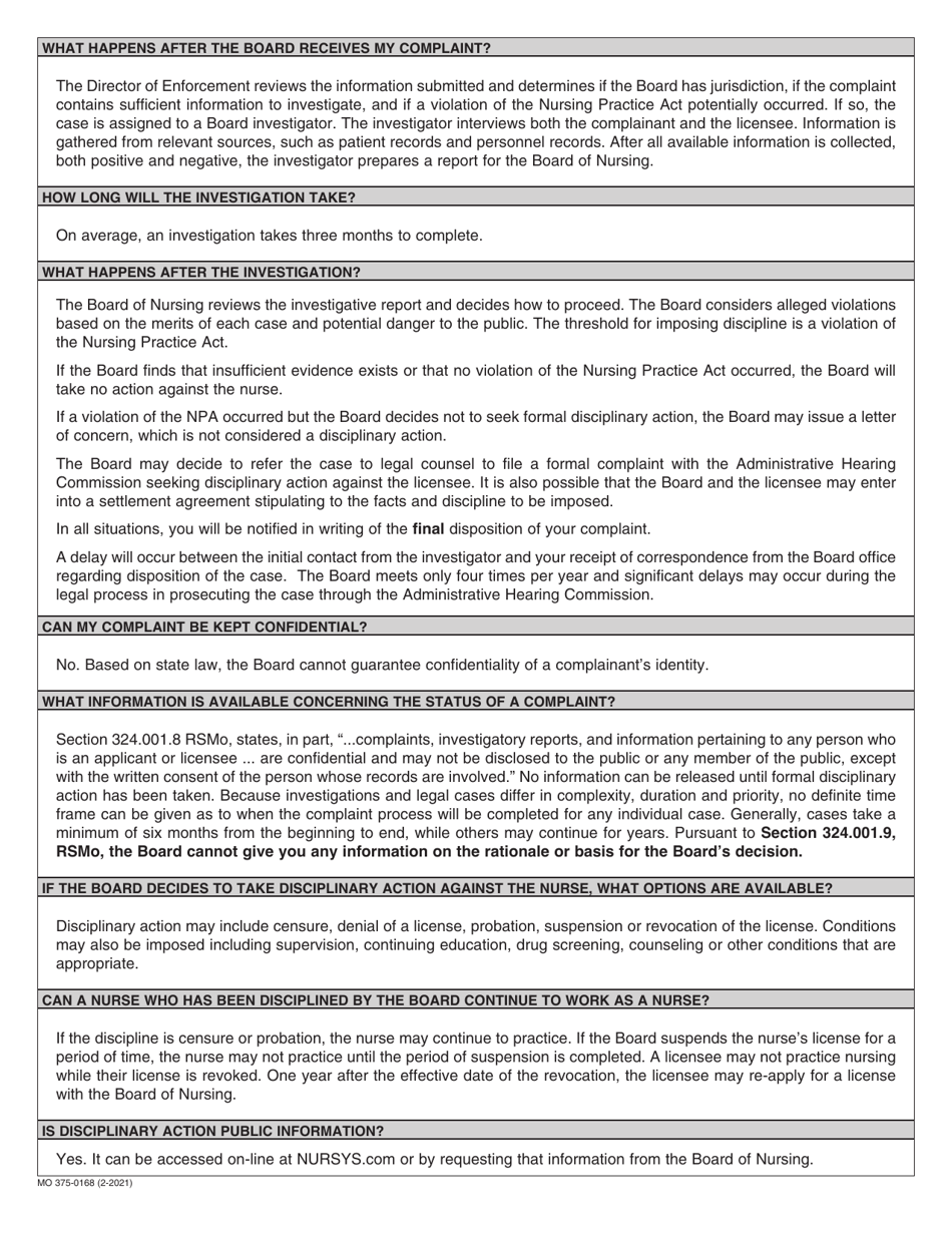 Form MO375-0168 Complaint Report - Missouri, Page 4
