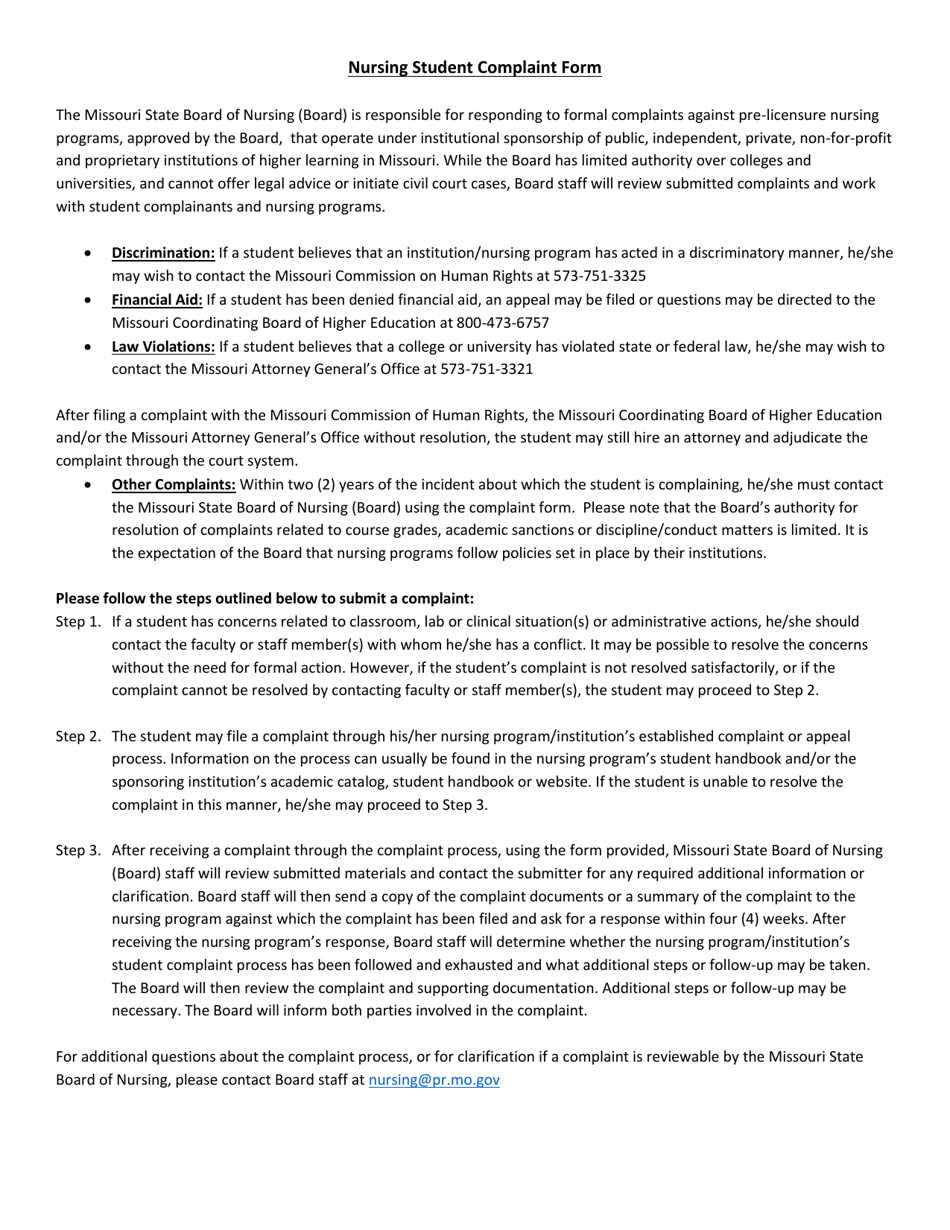 Missouri Nursing Student Complaint Form Fill Out, Sign Online and