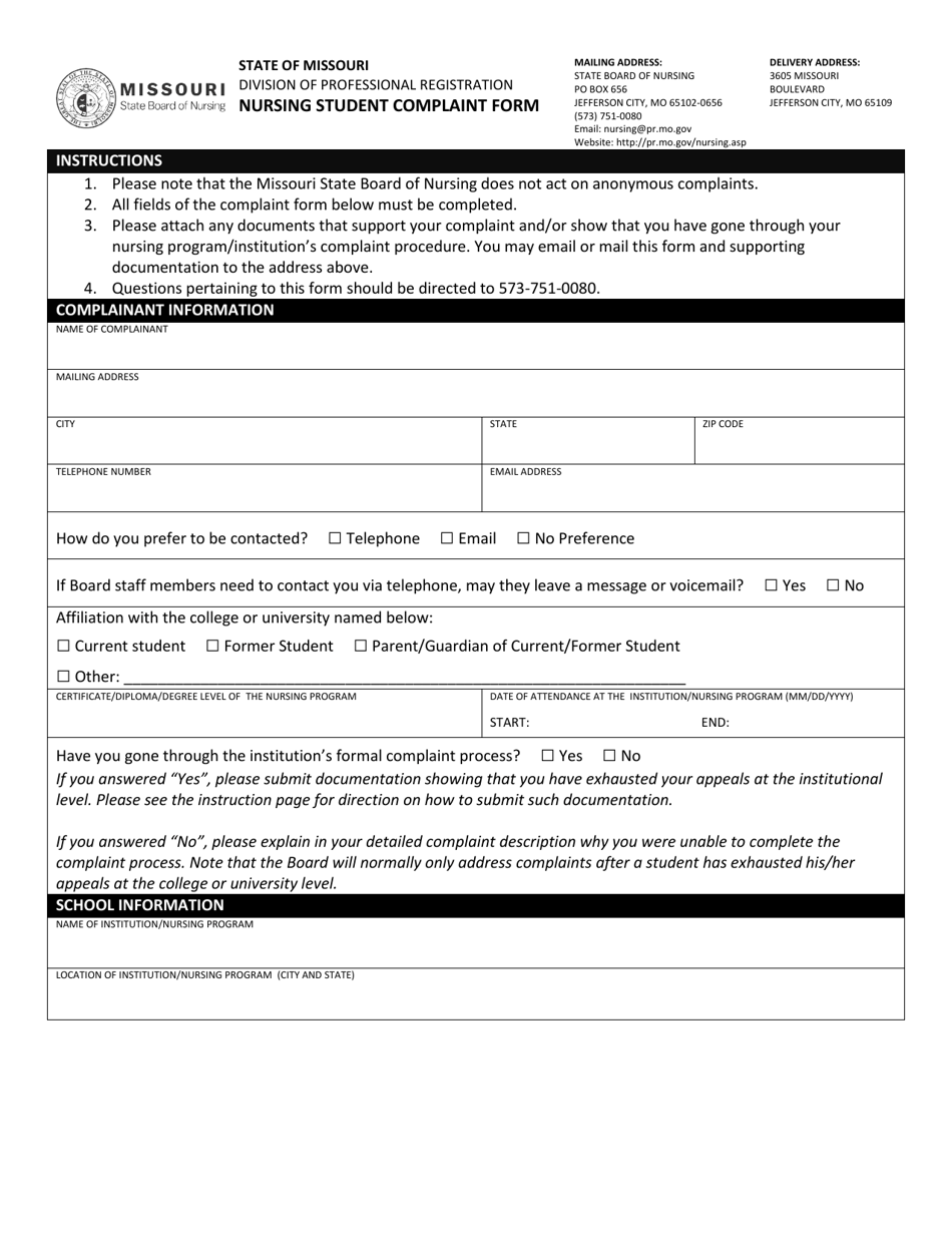 Missouri Nursing Student Complaint Form Fill Out, Sign Online and