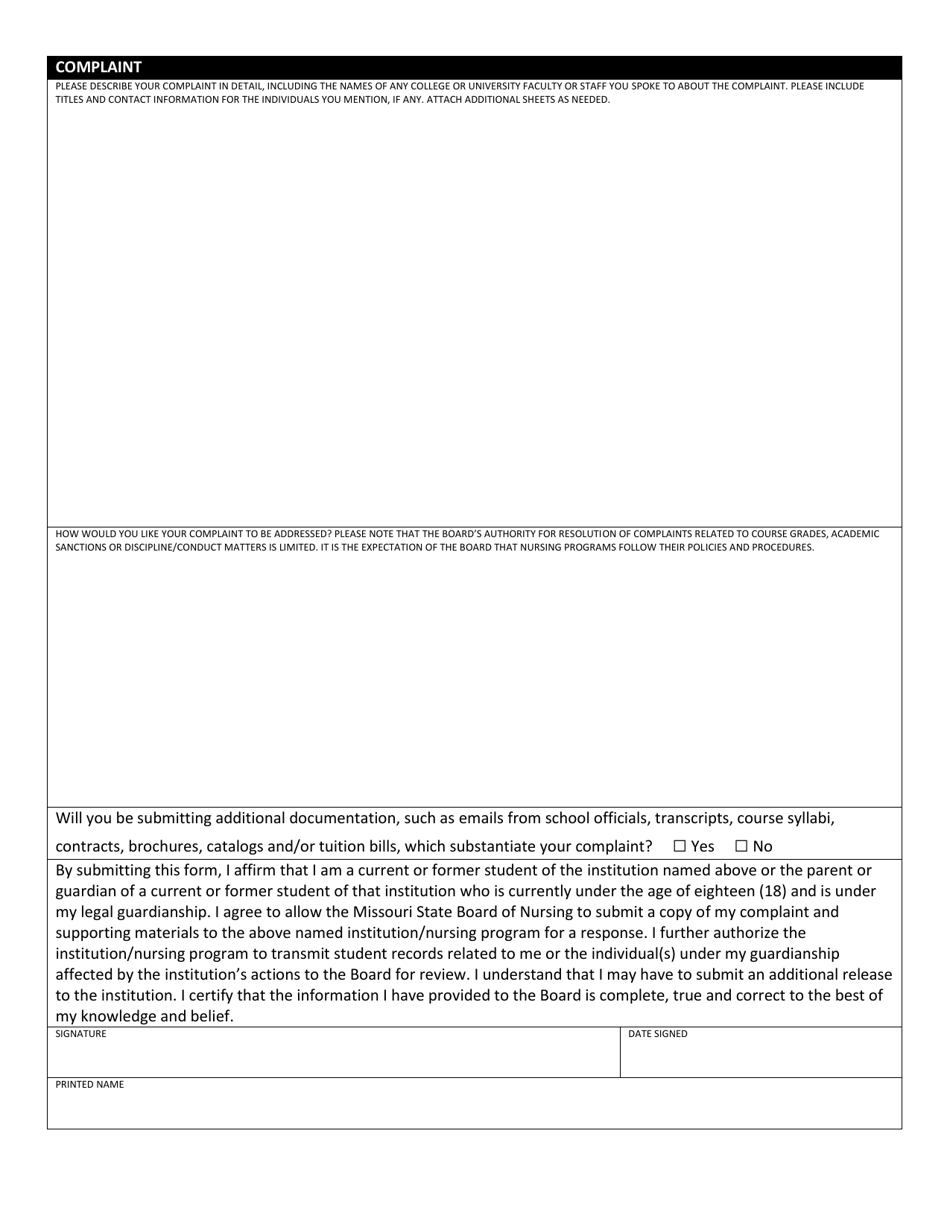 Nursing Student Complaint Form - Missouri, Page 3