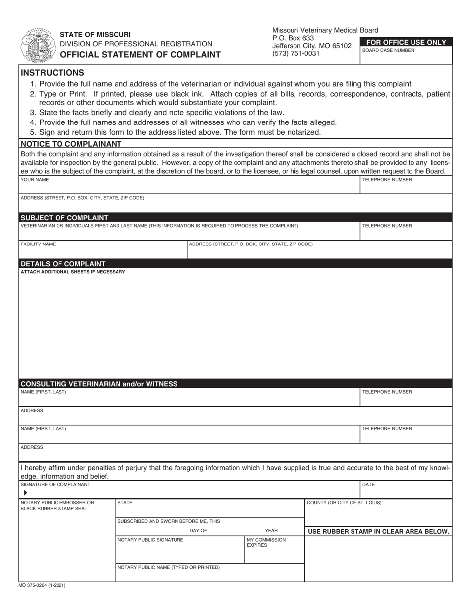 Form MO375-0264 Official Statement of Complaint - Missouri, Page 1