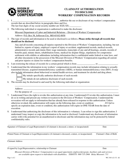 Form WC-303 Claimant Authorization to Disclose Worker's Compensation Records - Missouri