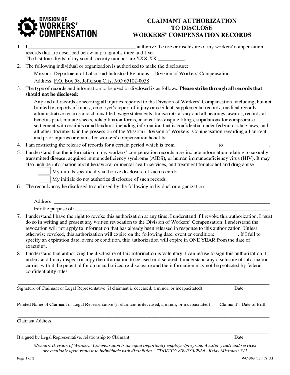 Form WC-303 Claimant Authorization to Disclose Workers Compensation Records - Missouri, Page 1