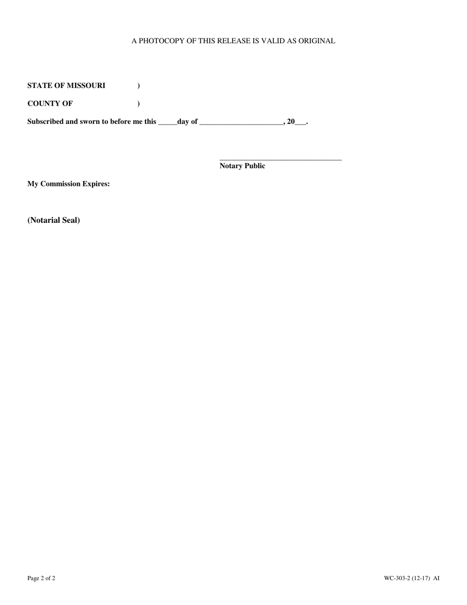 Form WC-303 Claimant Authorization to Disclose Workers Compensation Records - Missouri, Page 2