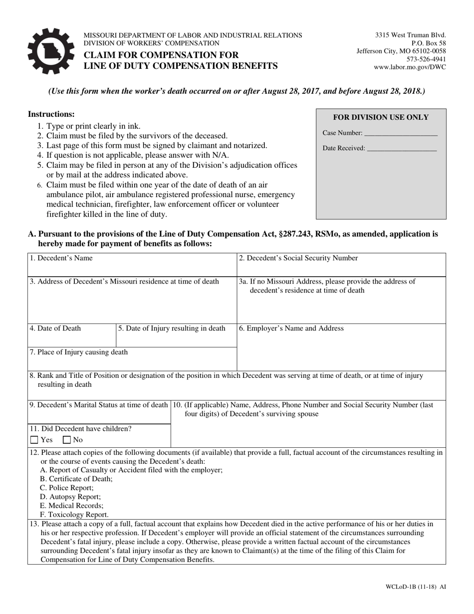 Form WCLoD-1B Claim for Compensation for Line of Duty Compensation Benefits (When the Workers Death Occurred on or After August 28, 2017, and Before August 28, 2018) - Missouri, Page 1