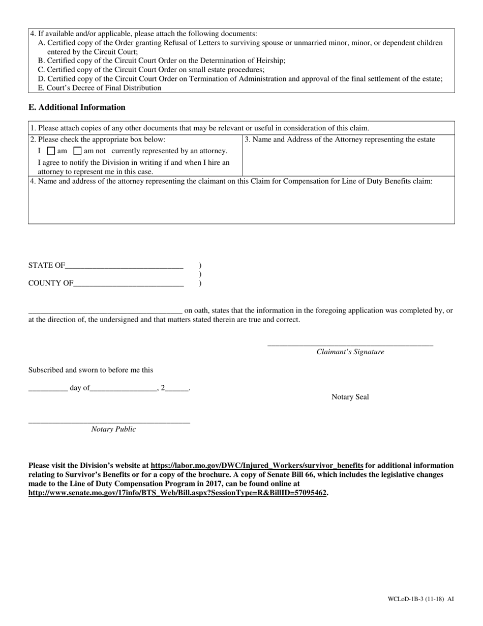 Form WCLoD-1B Claim for Compensation for Line of Duty Compensation Benefits (When the Workers Death Occurred on or After August 28, 2017, and Before August 28, 2018) - Missouri, Page 3