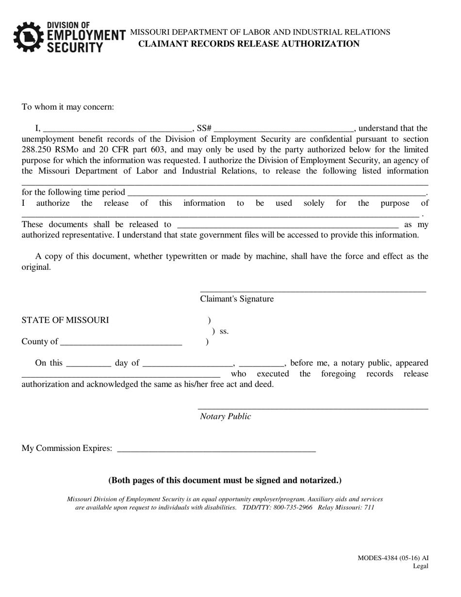 Form MODES-4384 Claimant Records Release Authorization - Missouri, Page 1