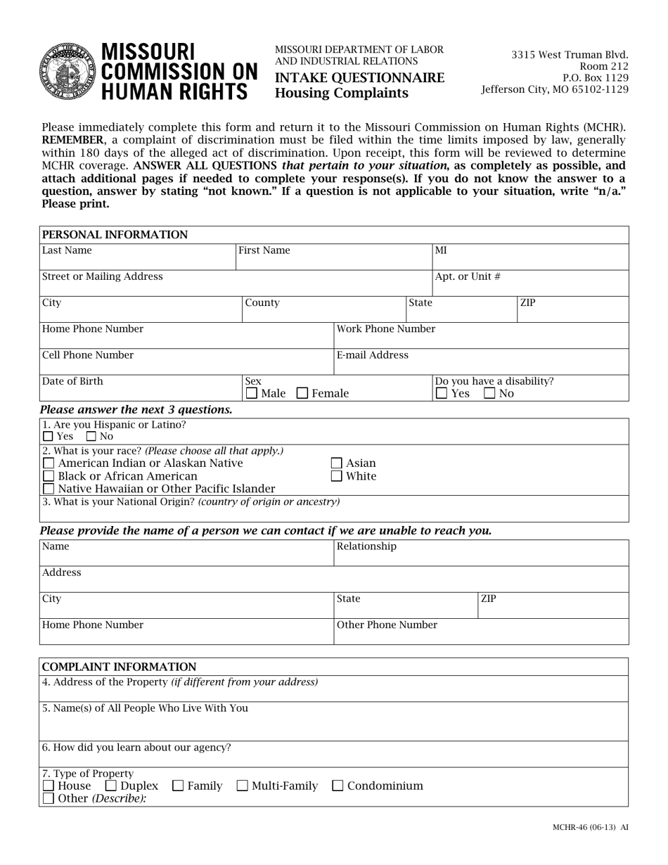 Form MCHR-46 Intake Questionnaire - Housing Complaints - Missouri, Page 1