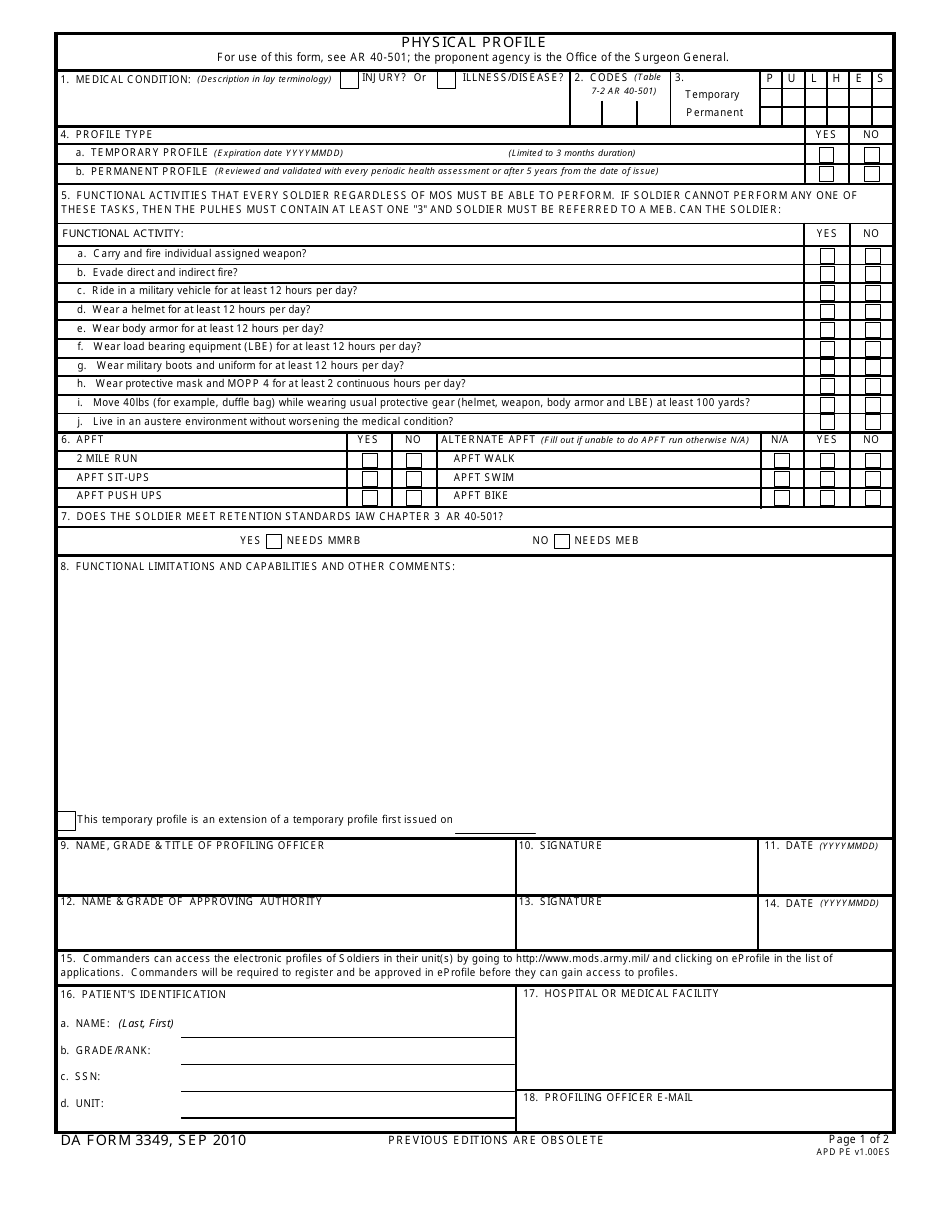 DA Form 3349 Physical Profile, Page 1