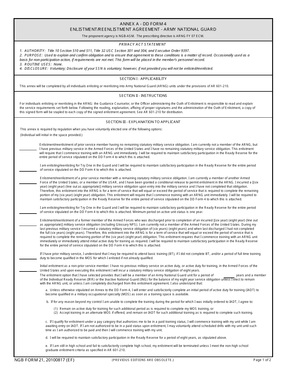 NGB Form 21 Enlistment / Reenlistment Agreement, Page 1