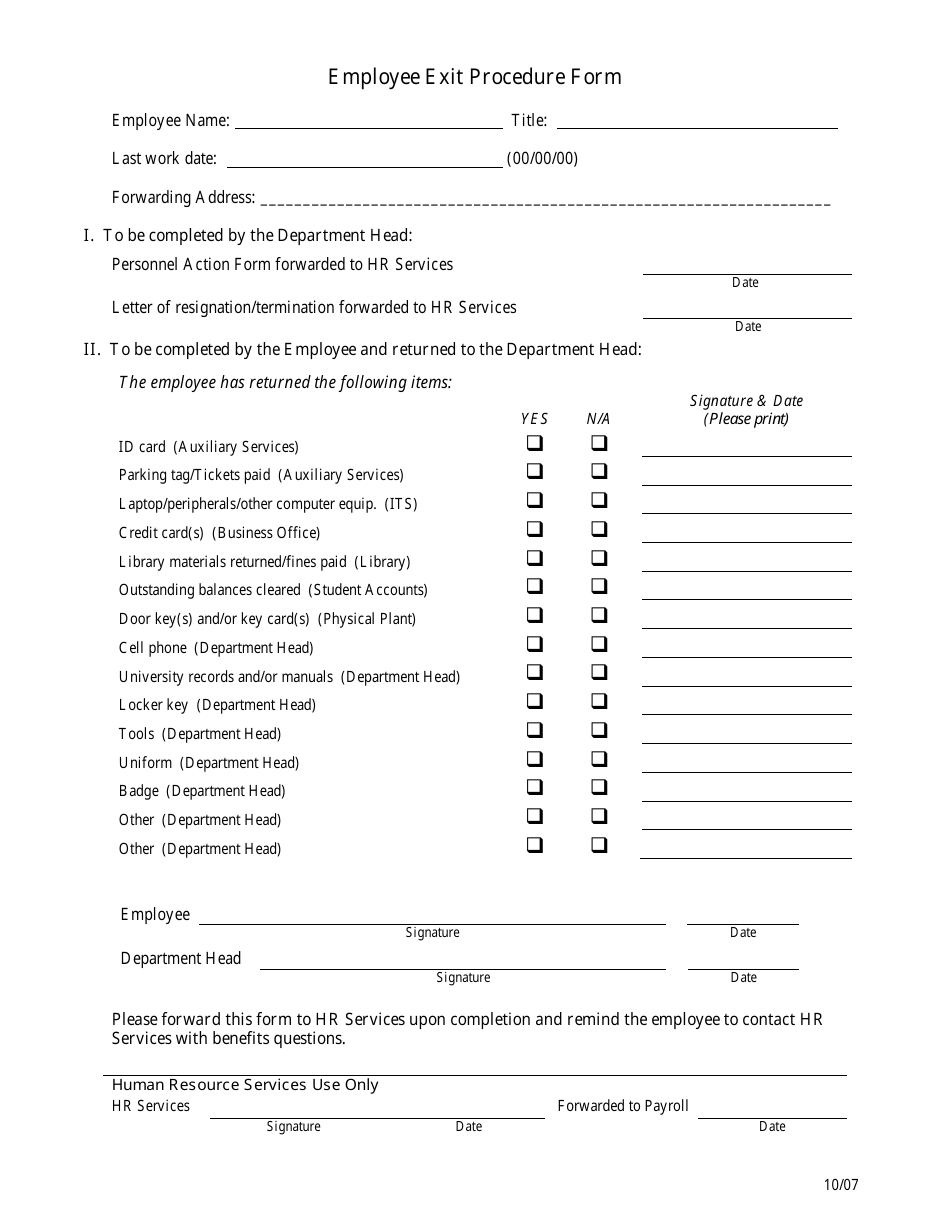 Employee Exit Procedure Form Marymount University Download Printable
