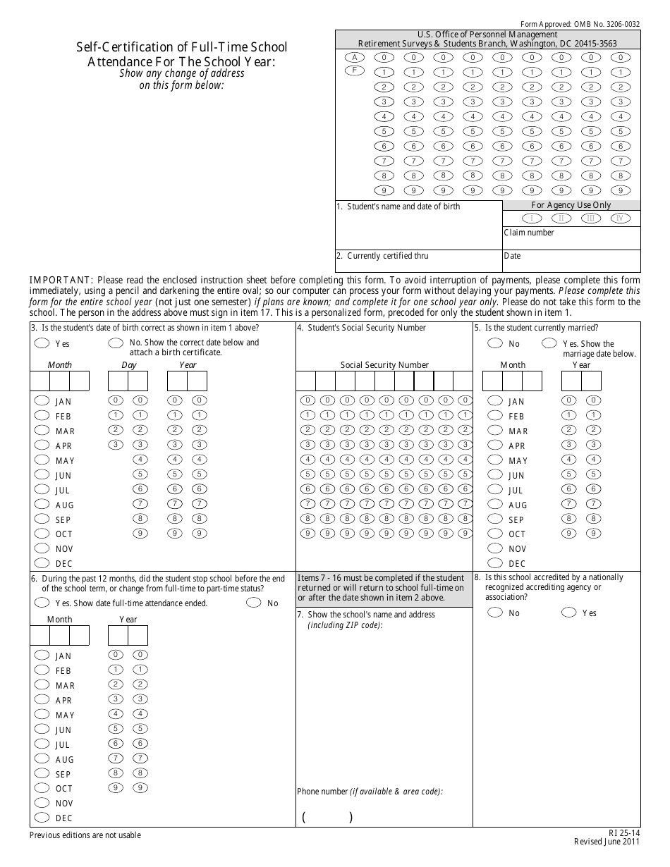Form RI25-14 Self-certification of Full-Time School Attendance, Page 1