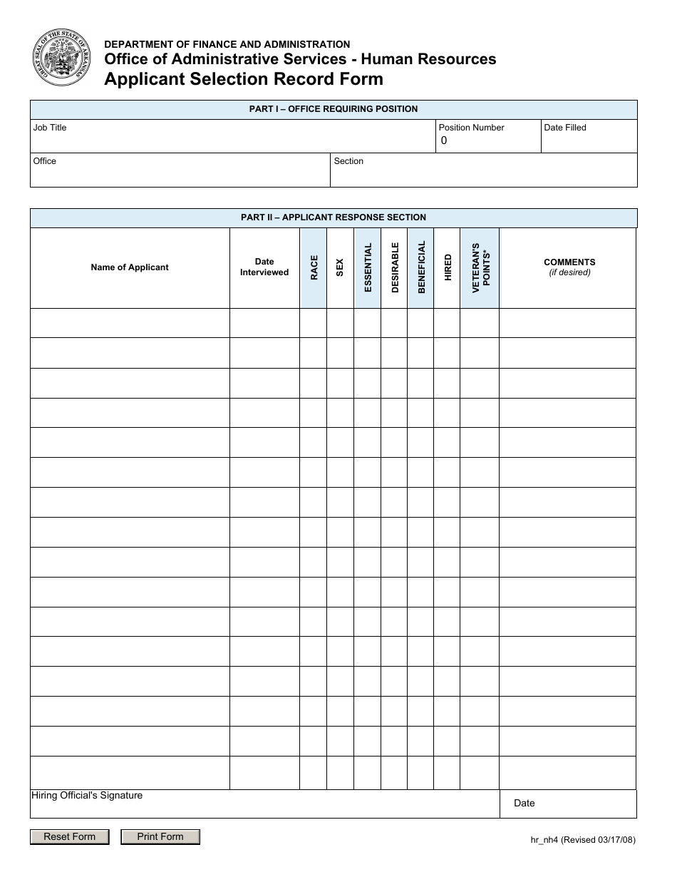 Form hr_nh4 Applicant Selection Record Form - Arkansas, Page 1