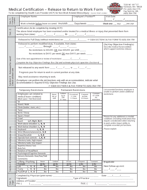 Medical Certification " Release to Return to Work Form - Northshore, Washington Download Pdf